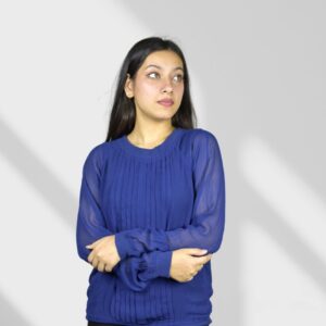 Pleated Navy Blue Chiffon Top
